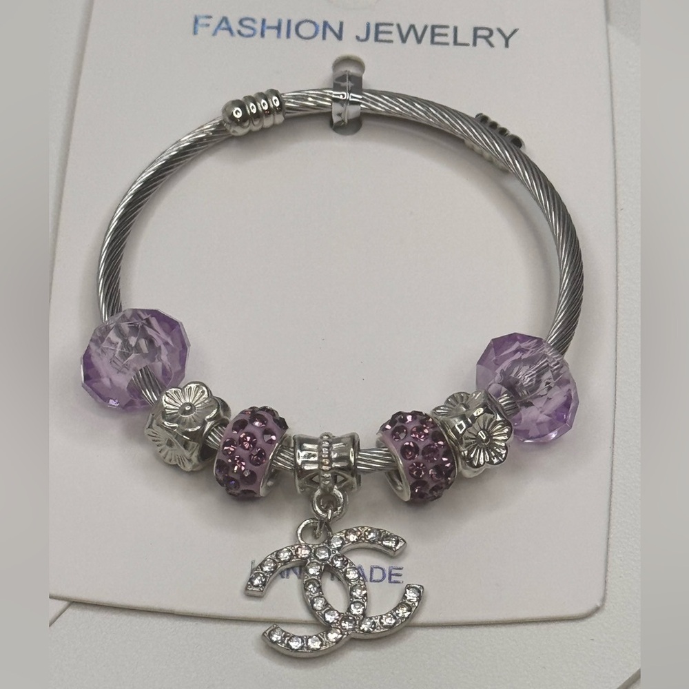 Fashion Jewelry Stainless Steel Purple Sparkling Charm Expandable Bracelet